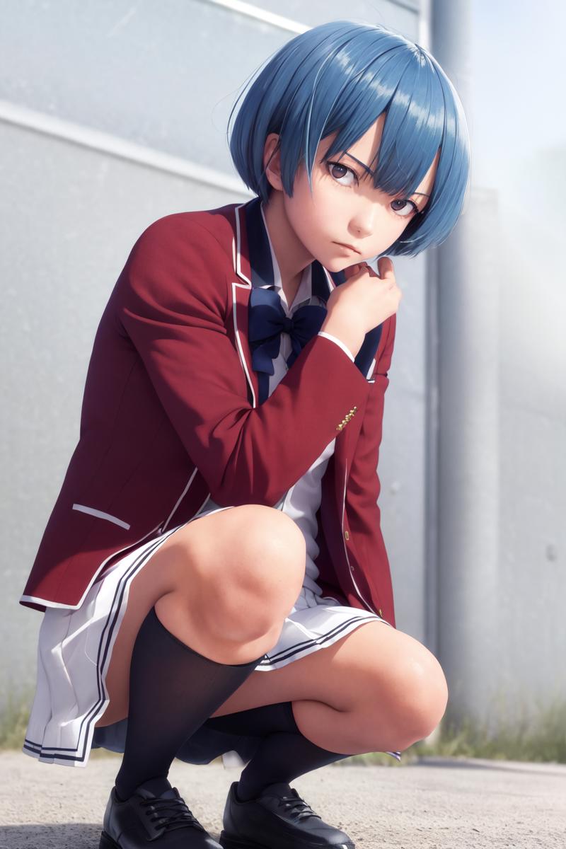 31887-3569347783-masterpiece, best quality, highres, 1girl ibuki mio short hair blue hair, white skirt red jacket open jacket  squatting, photore.png